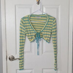 Urban Outfitters‎ Tie Front Cardigan Top Yellow Blue Striped Cropped Knit Small